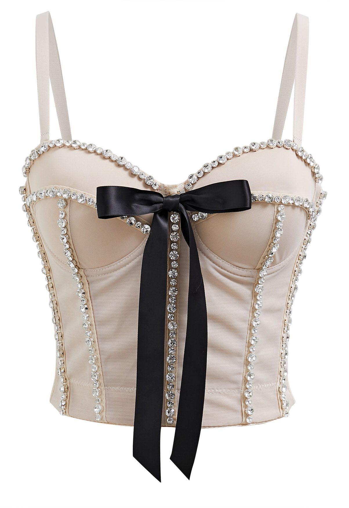 Bowknot Rhinestone Embellished Bustier Crop Top in Apricot | Chicwish