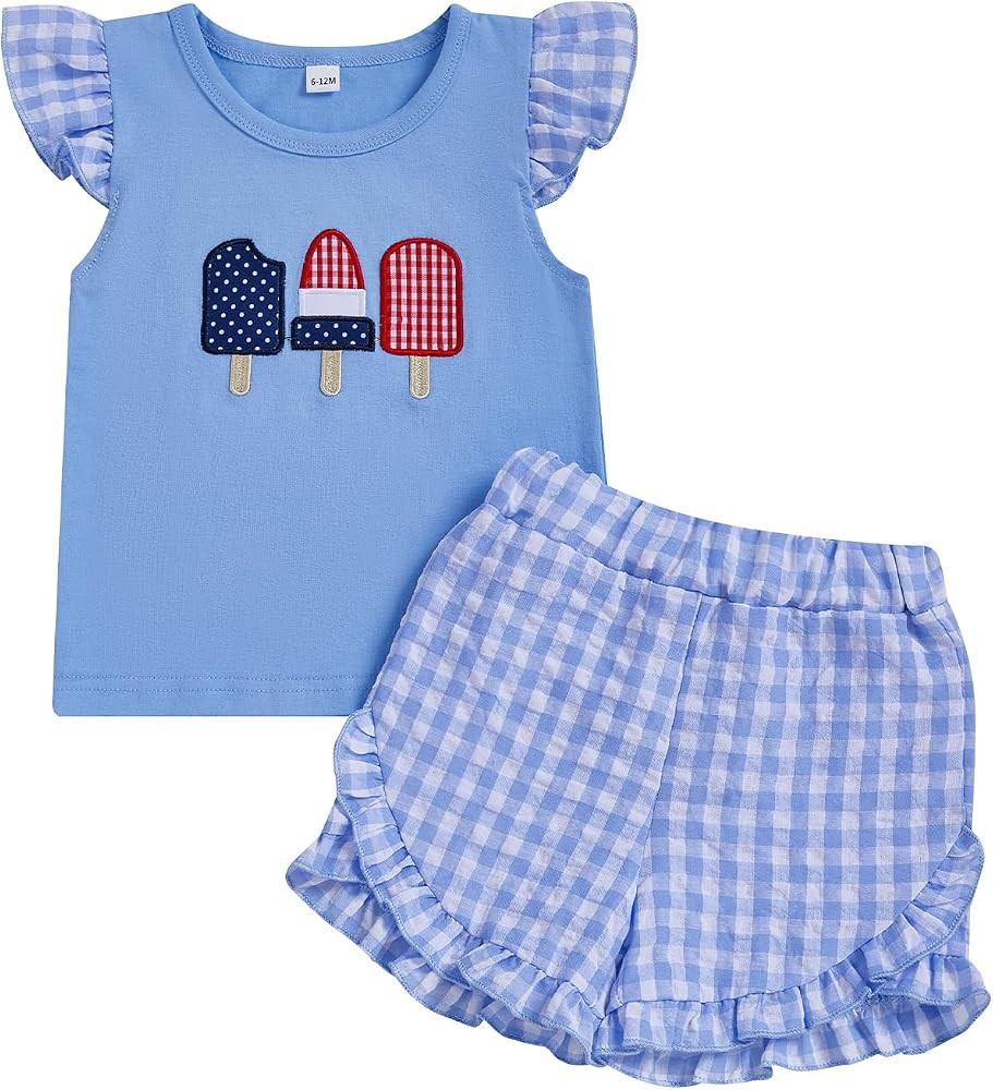 4th of July Toddler Baby Girl Clothes Popsicle Embroidery Flutter Sleeve T-Shirt and Plaid Ruffle... | Amazon (US)