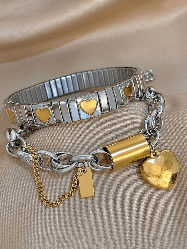 18K Gold Plated Stainless Steel Love & Lock Charm Watch Strap Elastic Bangle Bracelets Set For Wo... | SHEIN