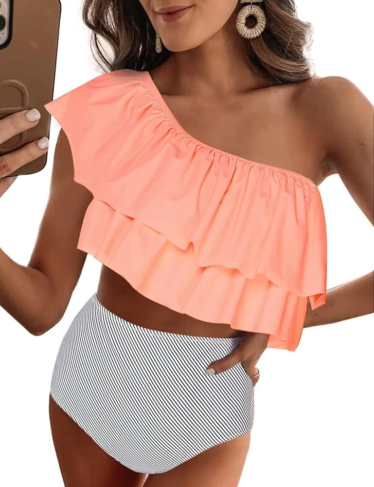 VIMPUNEC Ruffle One Shoulder Swimsuits for Women Cute High Waisted Two Piece Bathing Suits | Amazon (US)