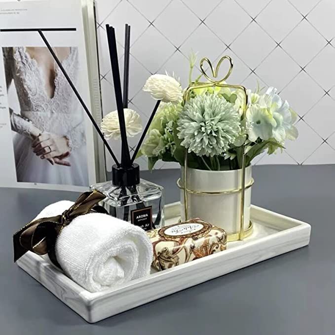 Ceramic Vanity Tray,Marble Decor Ceramic Bathroom Counter Tray Jewelry Dish Bathroom Vanity Organ... | Amazon (US)