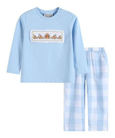Blue Turkey Smocked Long-Sleeve Tee & Buffalo Check Pants - Infant, Toddler & Boys | Zulily
