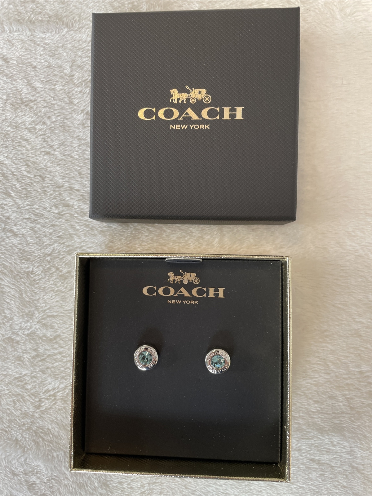 Coach Open Circle Blue Stone Stud Silver Earrings New in gift box 68.00 RV | eBay US