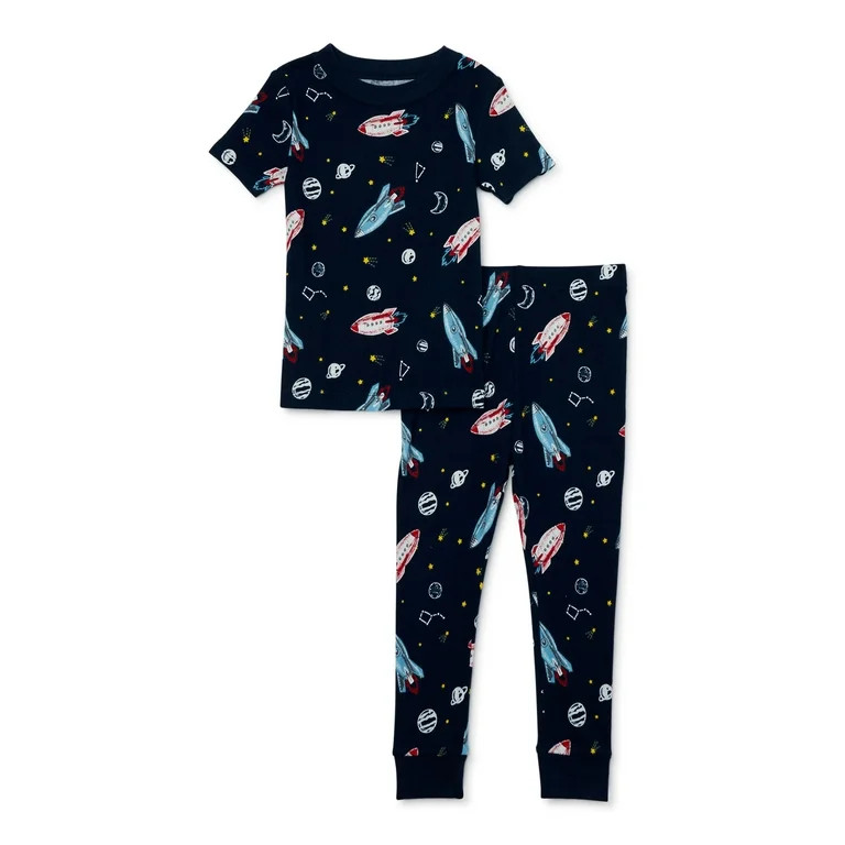 Wonder Nation Toddler Short-Sleeve Long Pants Snug-Fit Cotton Pajama Set, 2-Piece, Sizes 12M-5T | Walmart (US)
