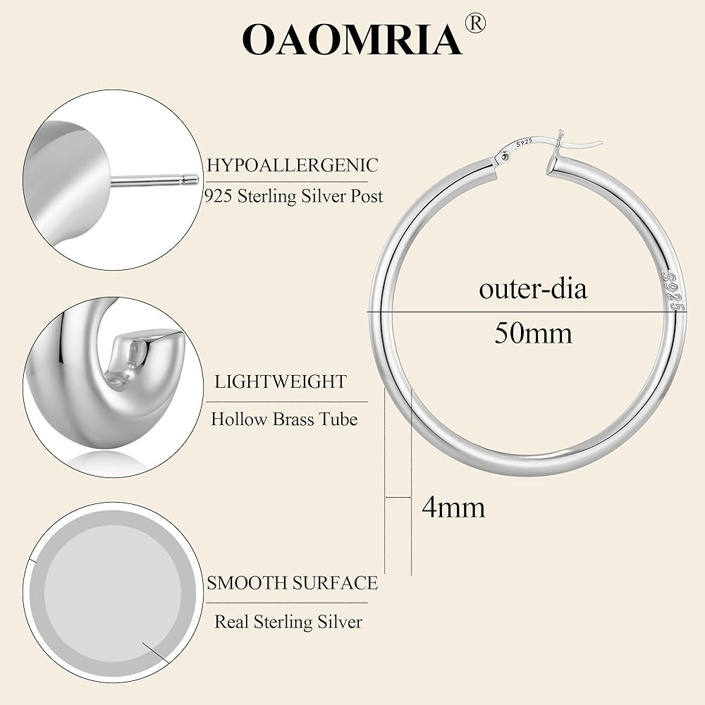 4mm Thick Sterling Silver Hoop Earrings for Women Big Chunky Hoop Earrings Lightweight Hoop Earri... | Amazon (US)
