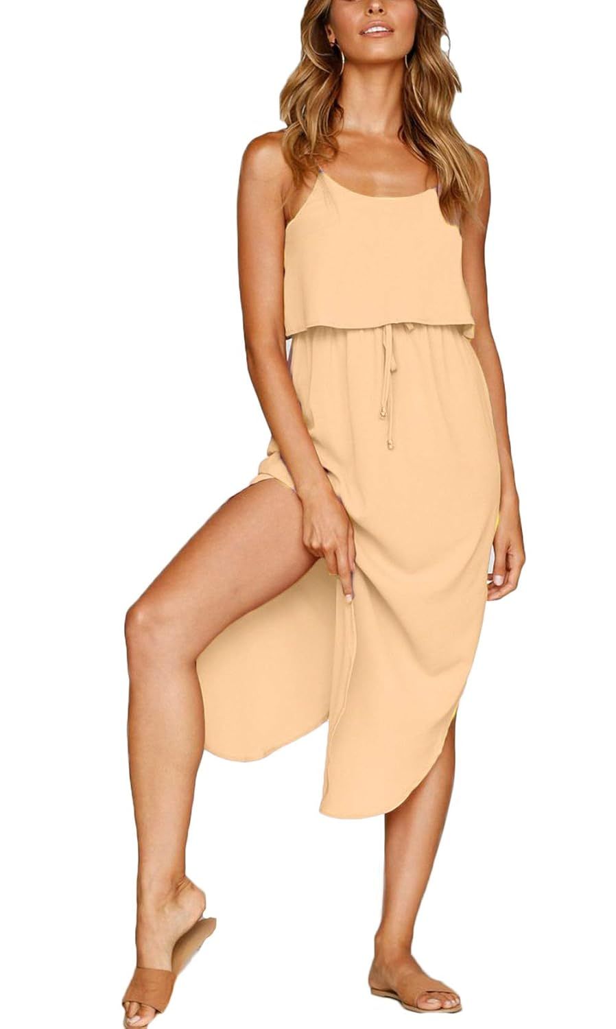 NERLEROLIAN Women's Adjustable Strappy Split Summer Beach Casual Midi Dress | Amazon (US)