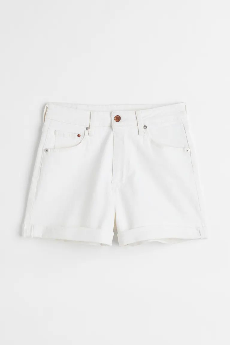 5-pocket shorts in washed cotton denim. Extra-high waist, zip fly with button, and slightly wider... | H&M (US + CA)
