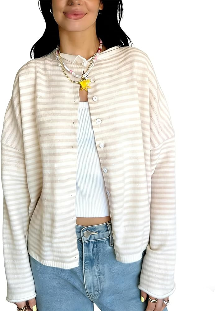 Muineobuka Womens Striped Cardigan Sweater Casual Crew Neck Open Front Button Down Long Sleeve Kn... | Amazon (US)