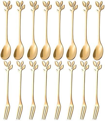 AnSaw 16 Pcs 4.7"Small Leaf Handle Coffee Spoons & Dessert Forks (Gold, 8+8) | Amazon (US)