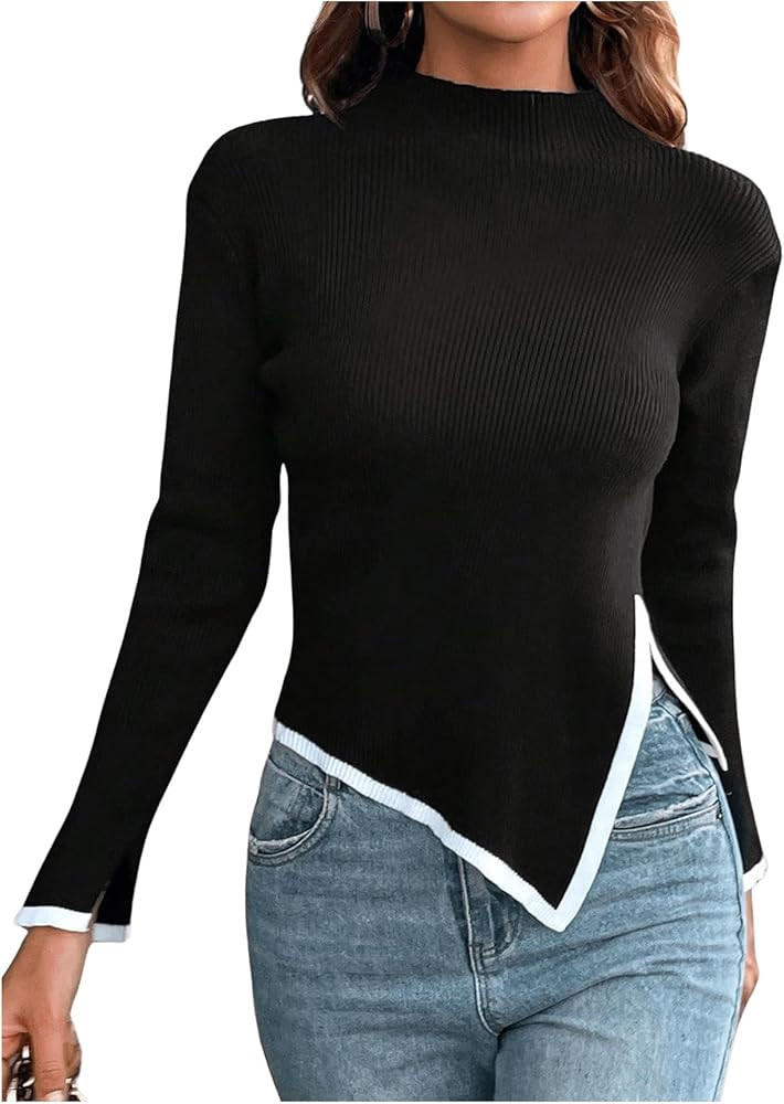 MakeMeChic Women's Mock Neck Sweaters Long Sleeve Slit Hem Contrast Binding Ribbed Knit Solid Top... | Amazon (US)