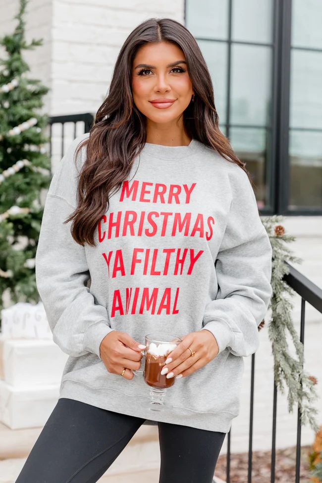 Merry Christmas Ya Filthy Animal Grey Oversized Graphic Sweatshirt | Pink Lily