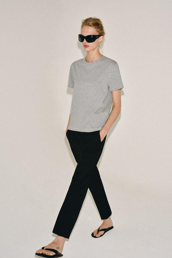 Zara - Round Neck T-Shirt - Grey Marl - L - Woman | Zara UK