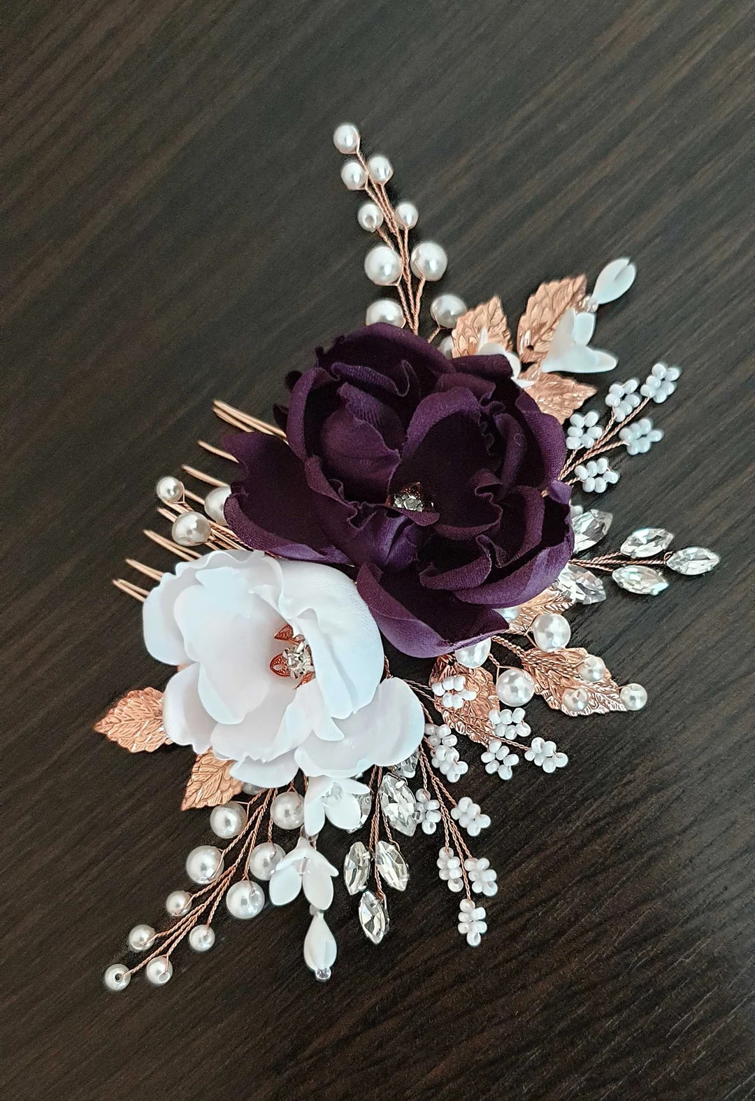 Purple Bridal Headpiece Rose Gold Wedding Hair Comb Purple Bridal Flower Comb Rose Gold Floral We... | Etsy (US)