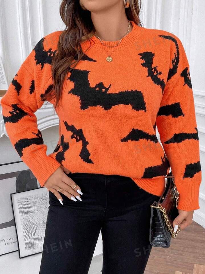 SHEIN Essnce Plus Halloween Bat Pattern Drop Shoulder Sweater | SHEIN USA | SHEIN
