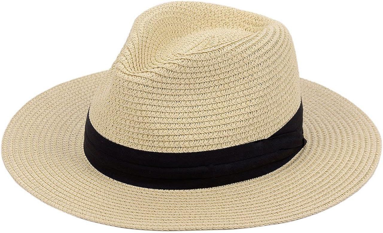Panama Straw Hats,Womens Sun Hat Summer Wide Brim Floppy Fedora Beach Cap UPF50+ | Amazon (US)