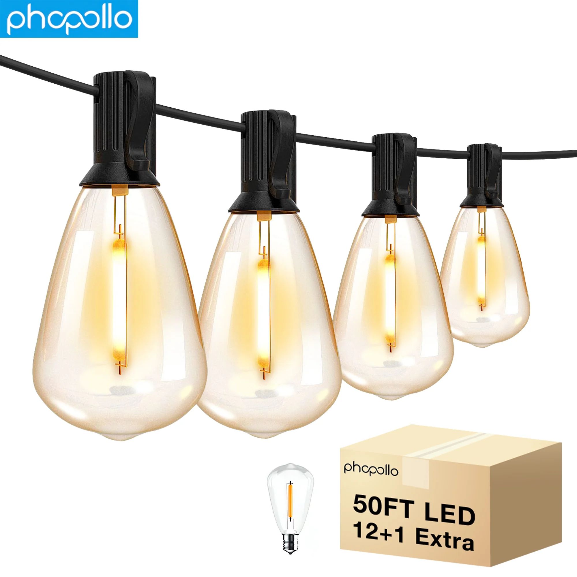 PHOPOLLO ST38 50ft Outdoor String Lights, Waterproof Led Patio Lights,  with 12+1 Shatterproof Ed... | Walmart (US)