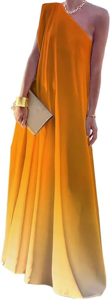UOOZEE Women's 2024 Summer Maxi Dress One Shoulder Casual Gradient Boho Beach Long Flowy Dresses ... | Amazon (US)