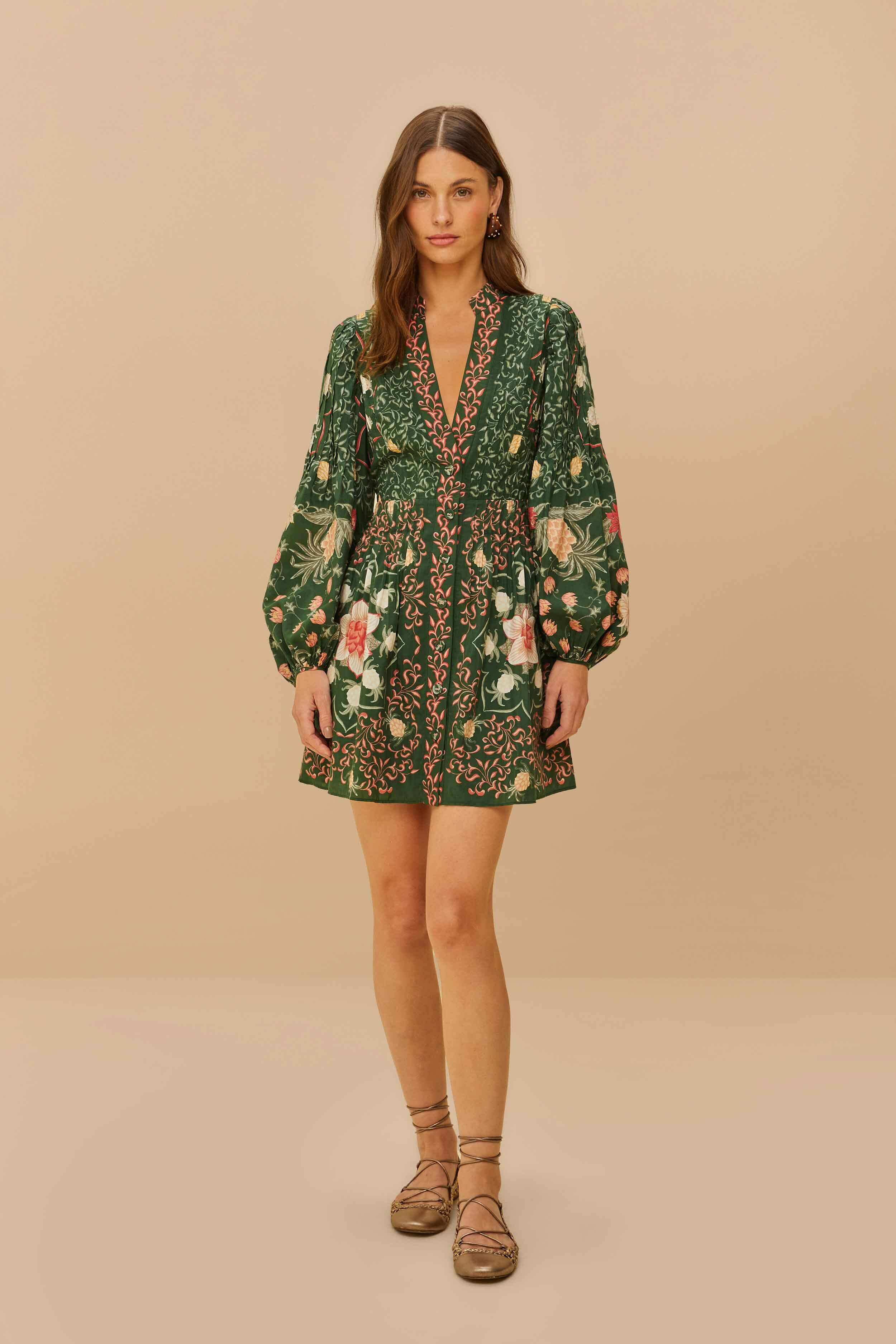 Green Pineapple Garden Long Sleeve Mini Dress, PINEAPPLE GARDEN GREEN / S | FarmRio (US)