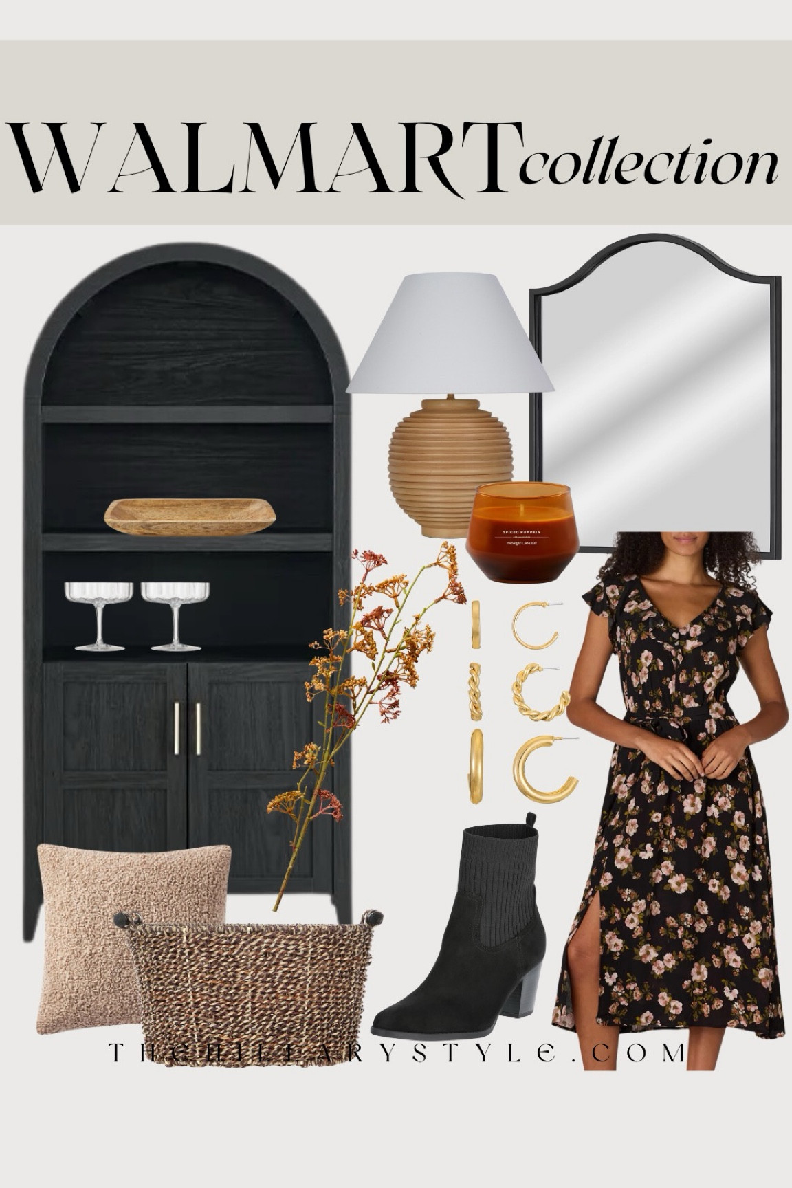 Walmart Collection: neutral home decor and fashion finds from Walmart. Black display cabinet, floral midi dress, black ankle boots, black arch mirror, table lamp, teddy pillow, wicker basket, floral stem, gold earring set, coupe glasses, wood bowl, fall candle.

#LTKSeasonal #LTKStyleTip #LTKHome