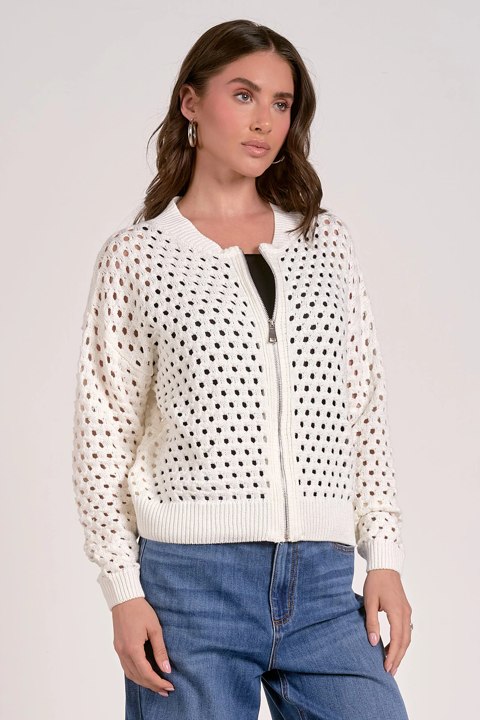 Zip-Up Sweater Cardigan - White | Sierra Deene