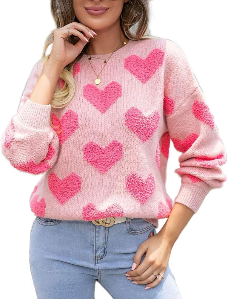 Akivide Women's Cute Aesthetic Heart Cream Sweaters Trendy Fall Pullover Crewneck Long Sleeve Sof... | Amazon (US)