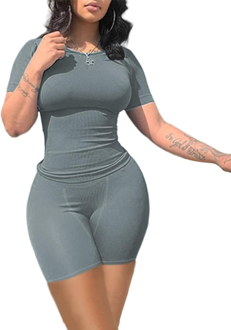 vyolu Casual Workout 2 Piece bodycon casual outfit Women Ribbed Set Short Sleeve Elastic Leggings... | Amazon (US)
