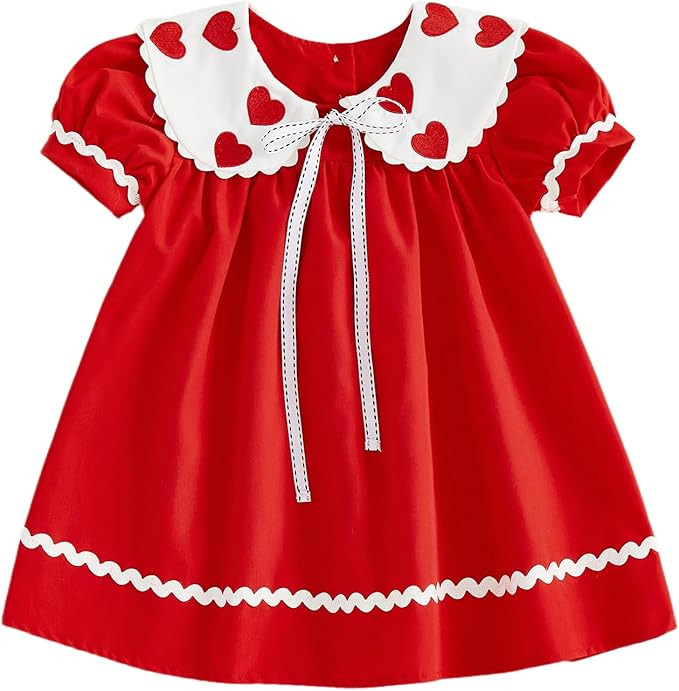 Toddler Girl Valentines Day Outfit Short Sleeve Doll Collar Heart Bow Smocked Dress Baby Girl Cut... | Amazon (US)