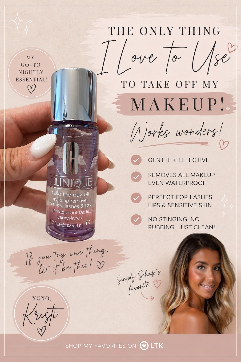 The ONLY makeup remover I swear by 🙌✨

This Clinique “Take The Day Off” remover seriously works wonders!! It takes off ALL my makeup — even waterproof mascara — without rubbing or irritating my skin.

Gentle, easy, and my nightly must-have 🤍 If you try one thing… let it be this!

Linked in my LTK under beauty favorites 💕
#LTKbeauty #Clinique #MakeupRemover #BeautyFavorites #NighttimeRoutine #WaterproofMascara #SkincareRoutine #LTKfinds #SimplySchade #BeautyMustHave

#LTKdayinmylife #LTKgrwm #LTKmorningroutine