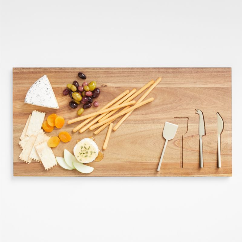 Octavia Wood Serving Board With Cheese Knives + Reviews | Crate and Barrel | Crate & Barrel