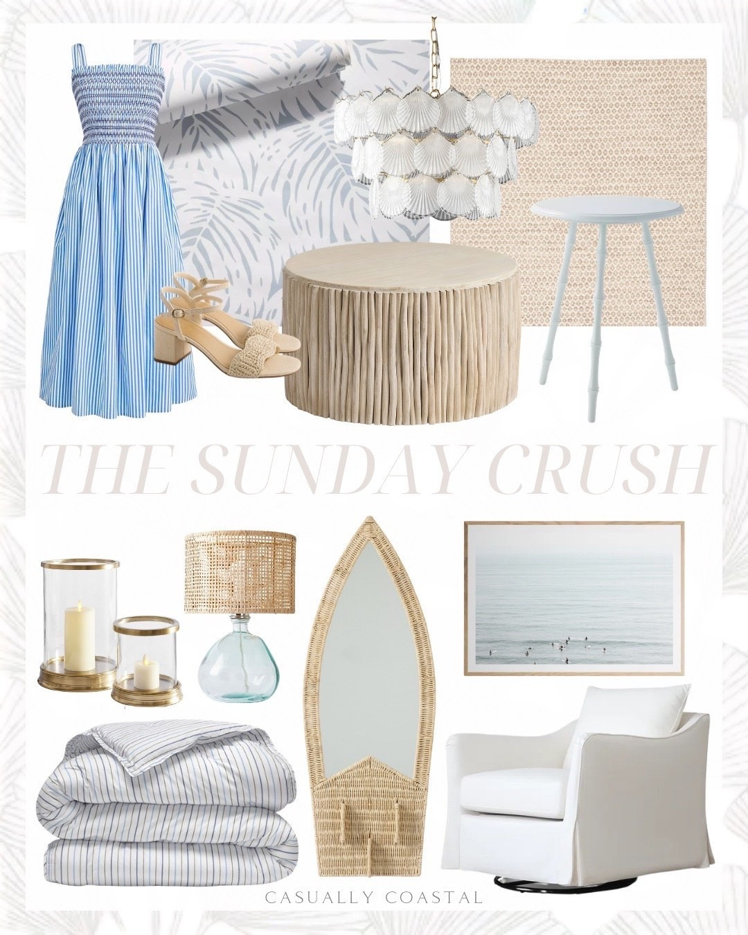 The Sunday Crush! 

Coastal home, coastal decor, coastal rug, neutral rug, coastal dress, coastal wall art, coastal artwork, coastal lamp, coastal coffee table, round coffee table, surfboard rattan wall mirror, coastal mirror, Etsy wall art, palm wallpaper, coastal wallpaper, Serena & lily side table, coastal side table, coastal bedding, percale comforter, hurricane candle holder, slipcover swivel armchair, 3 light dimmable tiered chandelier, coastal chandelier, smocked midi dress, blue dress, heeled sandals, pottery barn woven table lamp, wayfair rug, wool geometric indoor rug

#LTKHome