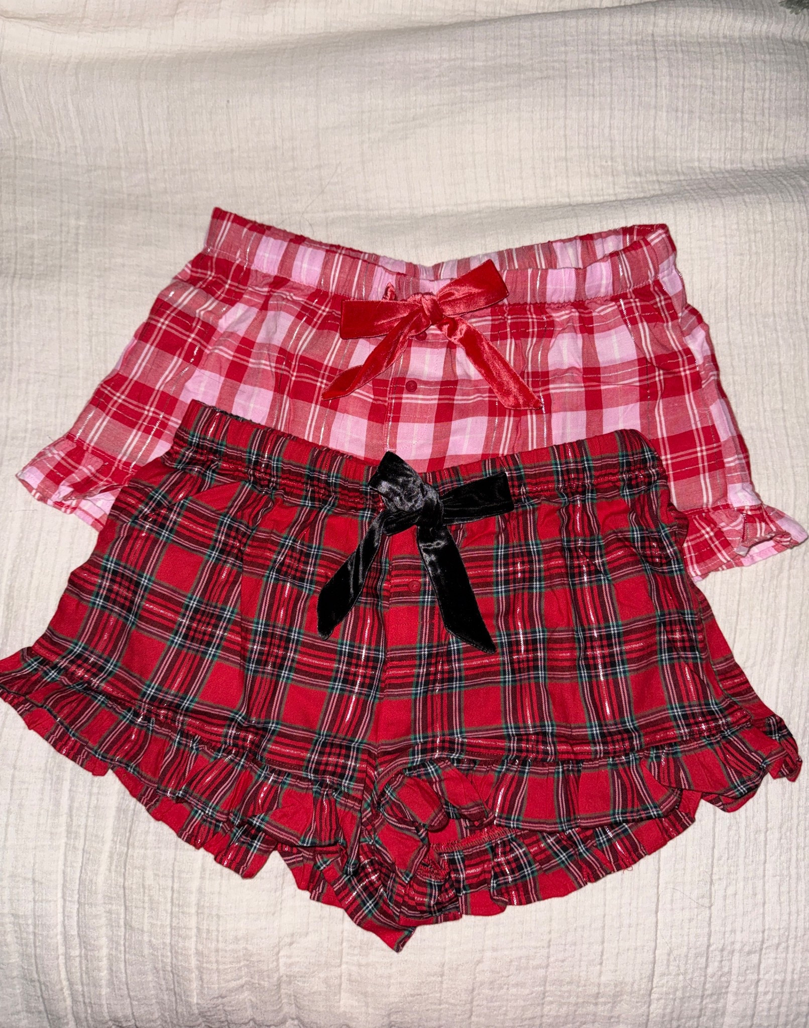 These cutie little plaid boxer shorts are still on sale for $12. They are super soft and comfy. Love the ruffle edges and the velvet bow. Wearing a size small. 

#LTKU #LTKmorningroutine #LTKSaleAlert
