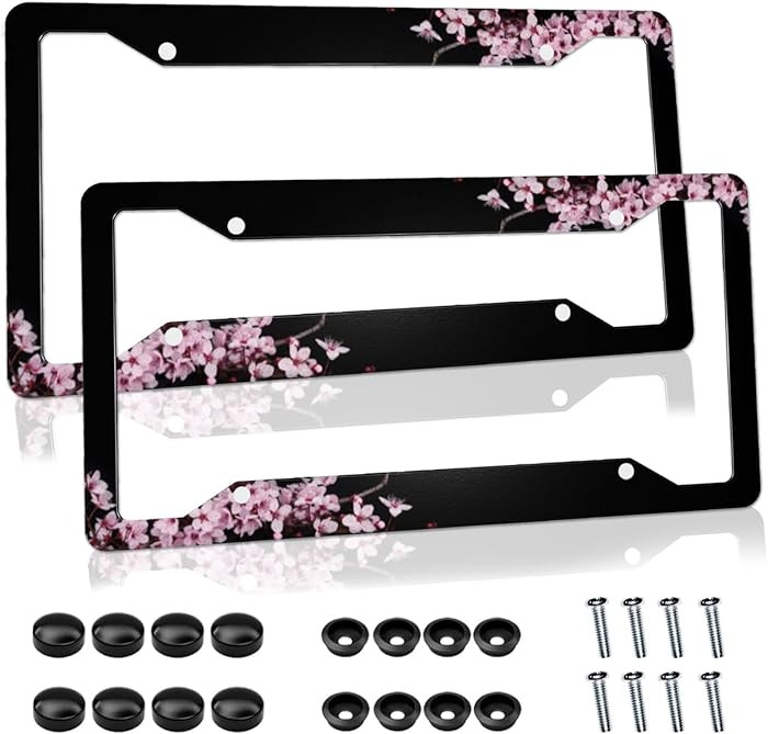 Cherry Blossom License Plate Frame Pink License Plate Cover Funny Auto Accessory Bracket Aluminum... | Amazon (US)