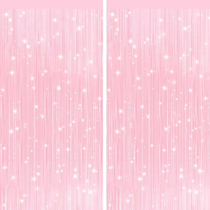 2Pack Pastel Pink Metallic Tinsel Foil Fringe Curtains, Pink Backdrop, Door Streamers Photo Booth... | Amazon (US)