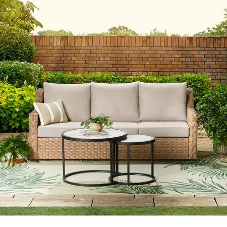 Better Homes & Gardens River Oaks Outdoor Sofa & 2 Nesting Tables with Patio Cover, Natural | Walmart (US)