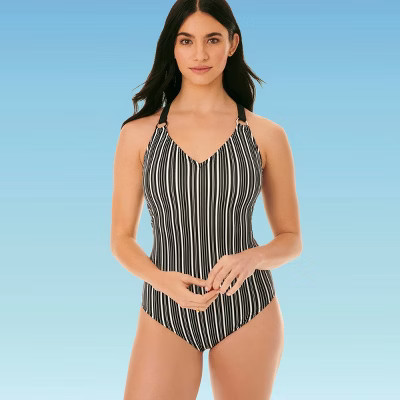 Women's Slimming Control Ring One Piece Swimsuit - Beach Betty by Miracle Brands Black/White Stri... | Target