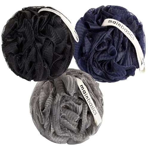 MainBasics Bath Shower Loofah Sponge Pouf Body Scrubber Exfoliator Body Wash Sponge (Set of 3, Black Ice) | Amazon (US)