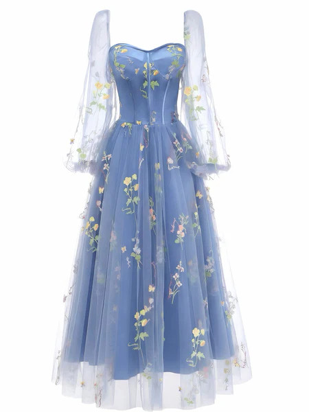 Blue 1930s Floral Embroidered Mesh Long Sleeve Dress | Retro Stage