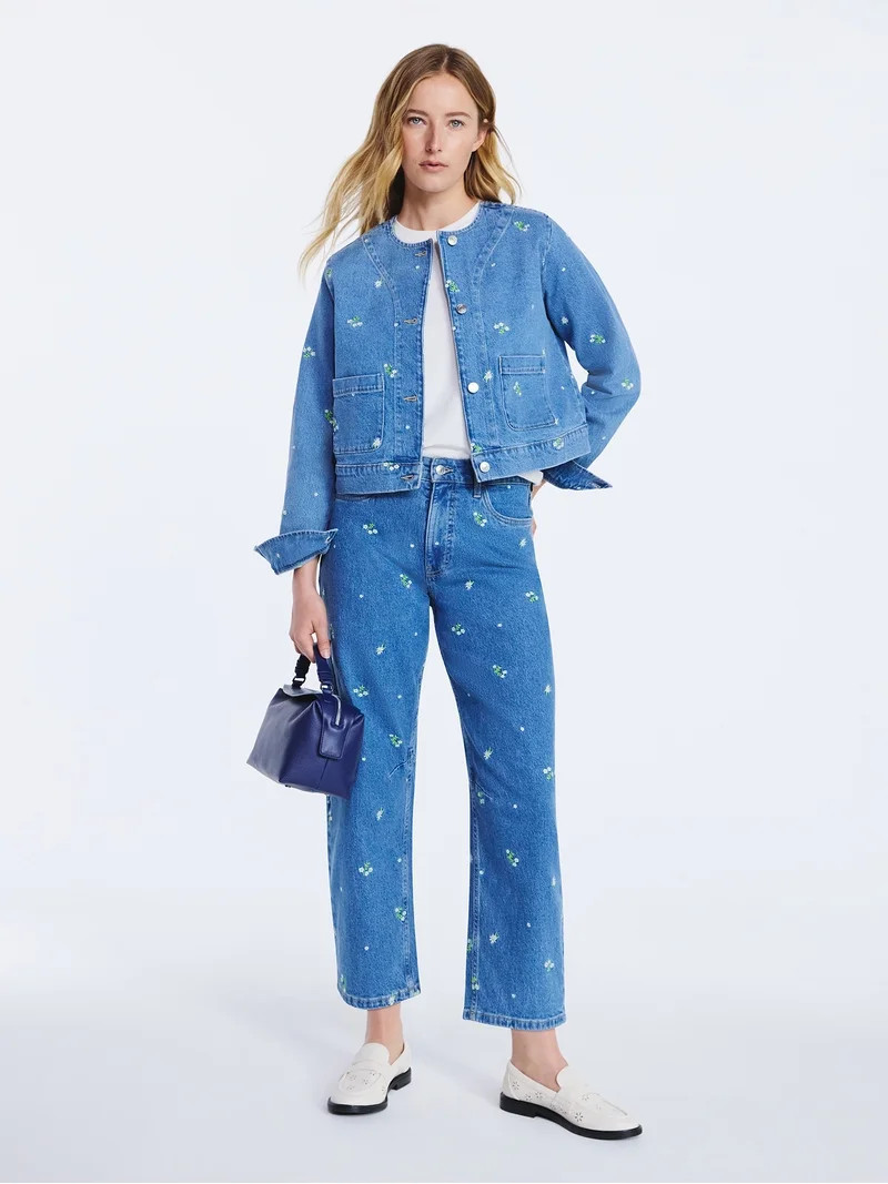 Free Assembly Women's Embroidered Cropped Denim Jacket, Sizes XS-XXL | Walmart (US)