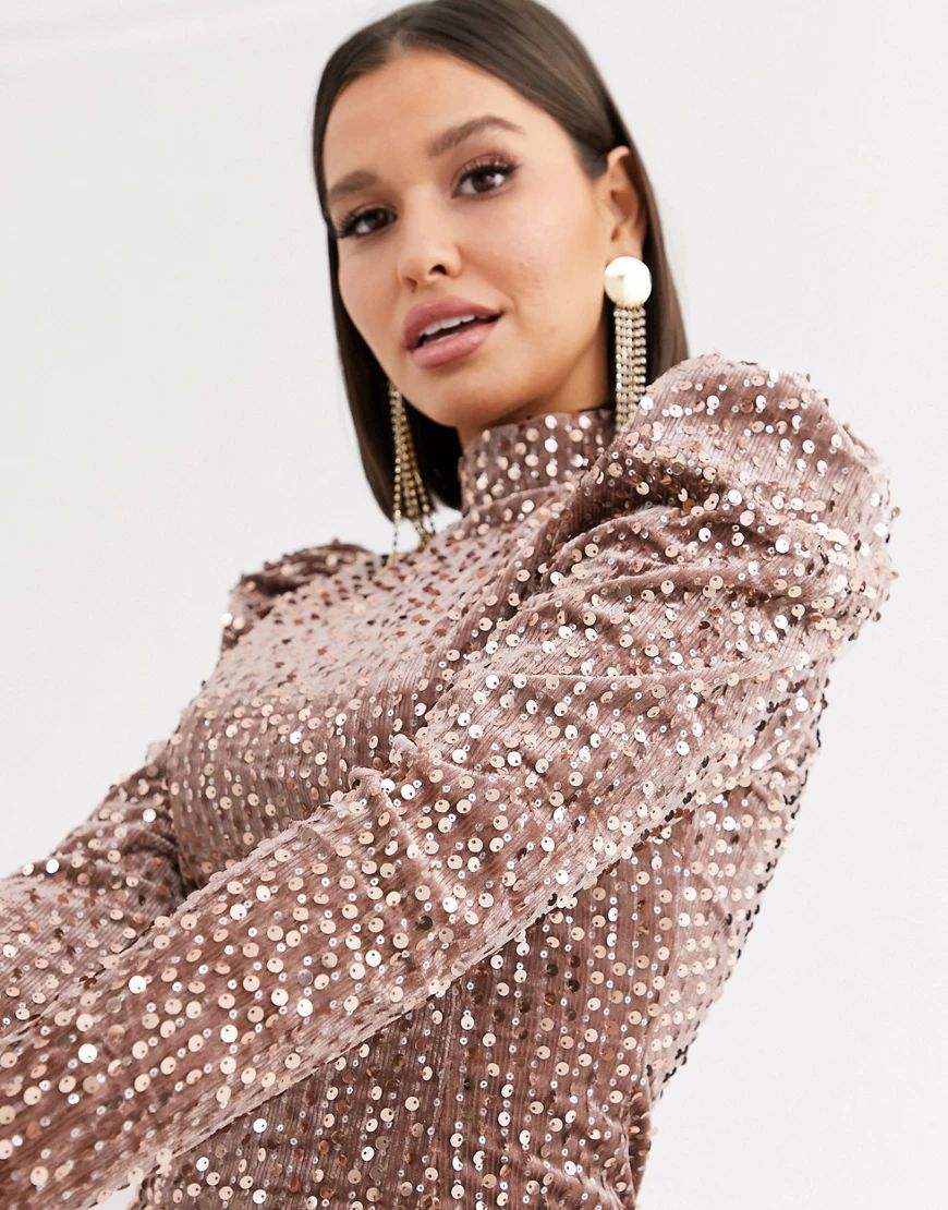 Saint Genies sequin velvet high neck puff sleeve party dress in champagne-Cream | ASOS (Global)