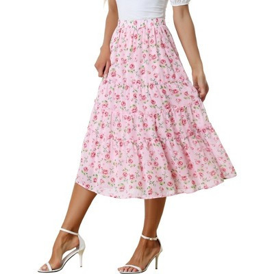 INSPIRE CHIC Women's Floral Elastic Waist Tiered Ruffle Boho Midi Skirts Small Pink Rose | Target