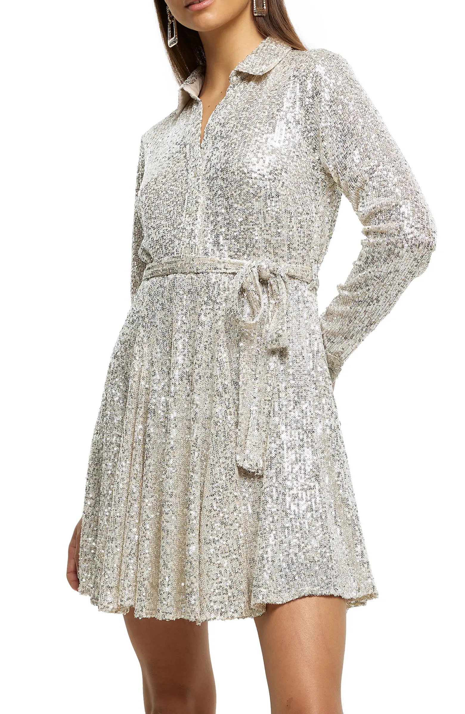 River Island Sequin Long Sleeve Shirtdress | Nordstrom | Nordstrom