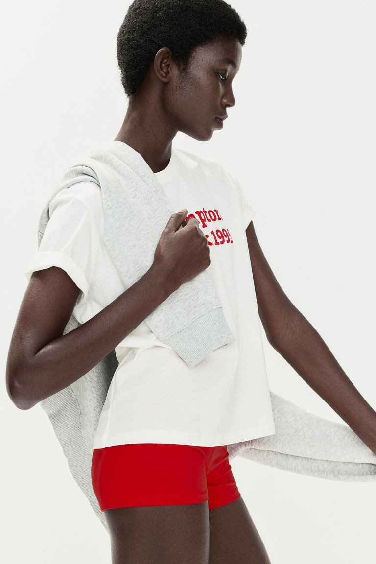 Cotton T-shirt - Round Neck - Short sleeve - Dark gray/palm tree - Ladies | H&M US | H&M (US + CA)