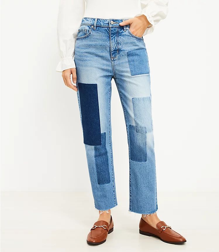 High Rise Straight Crop Jeans in Patched Light Indigo Wash | LOFT