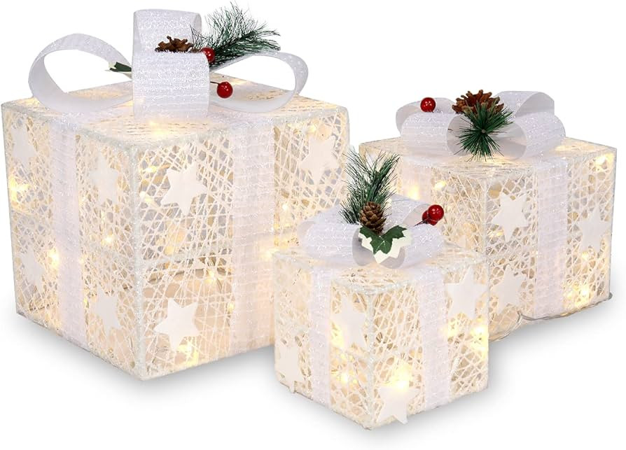 Set of 3 Lighted Gift Boxes - 60 LED Christmas Decoration Present Boxes Ornament for Tree, Indoor... | Amazon (US)
