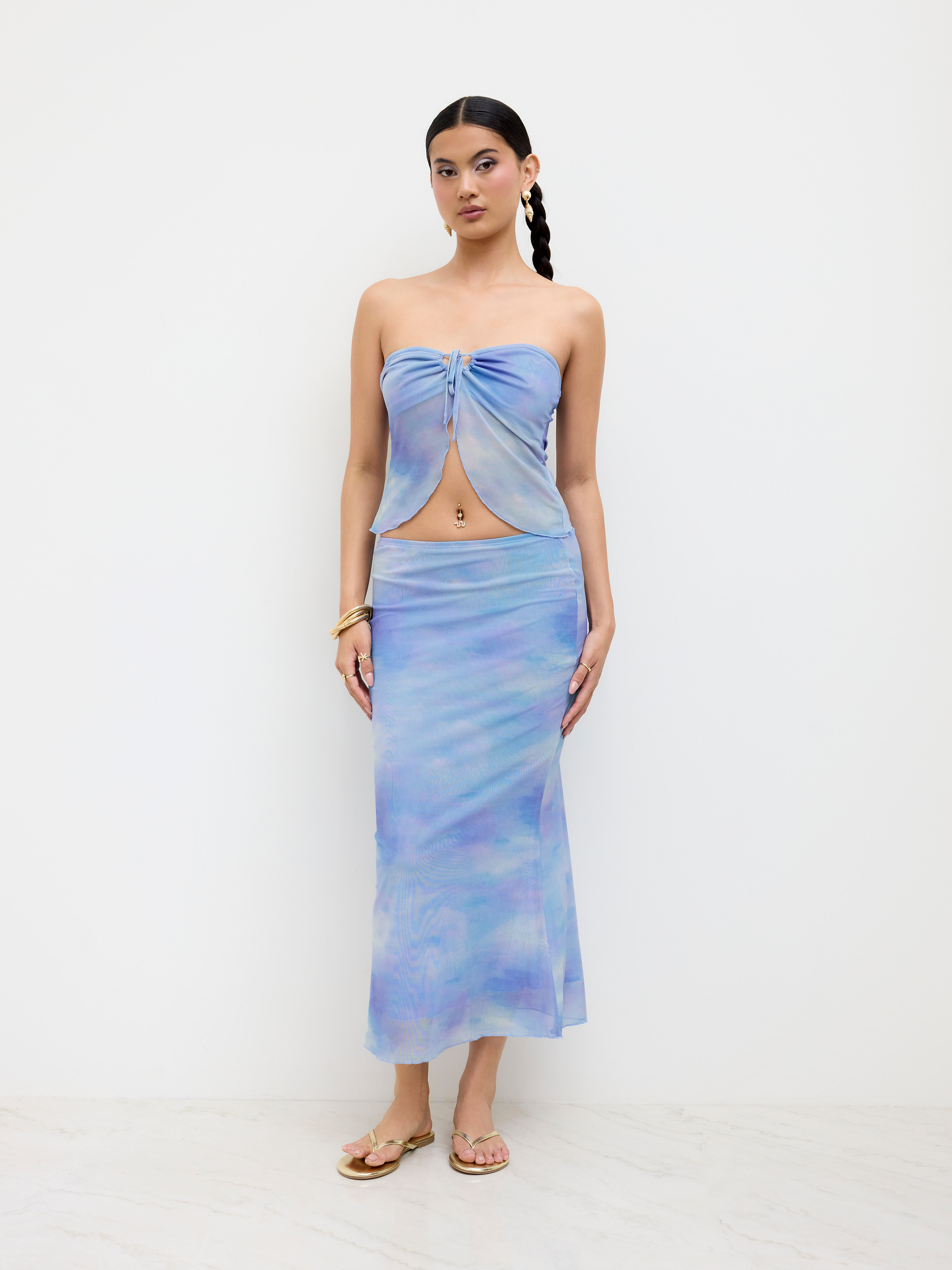 Mesh Mesh Illusion Knotted Bandeau Top &  Mid Rise Maxi Skirt Set For Vacation | Cider