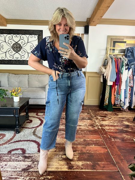Back to school outfit, teacher outfit, floral blouse (12/L), cargo jeans (16), ankle boots (true to size), flutter sleeve blouse 

#LTKcurves #LTKover40 #LTKunder50