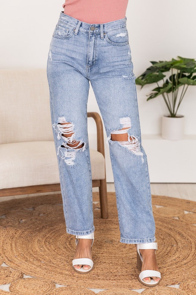 Cameron Light Wash High Rise Distressed Dad Jeans | Pink Lily