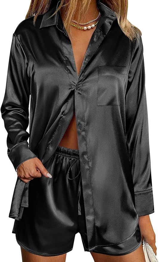 Ekouaer Womens Two Piece Satin Pajama Set Long Sleeve Lounge Sets Button Down Shirts and Shorts P... | Amazon (US)