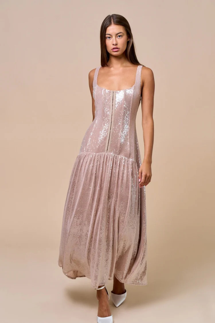 Gwyneth Sequin Midi Dress - Nude/ Pale Pink | Confête