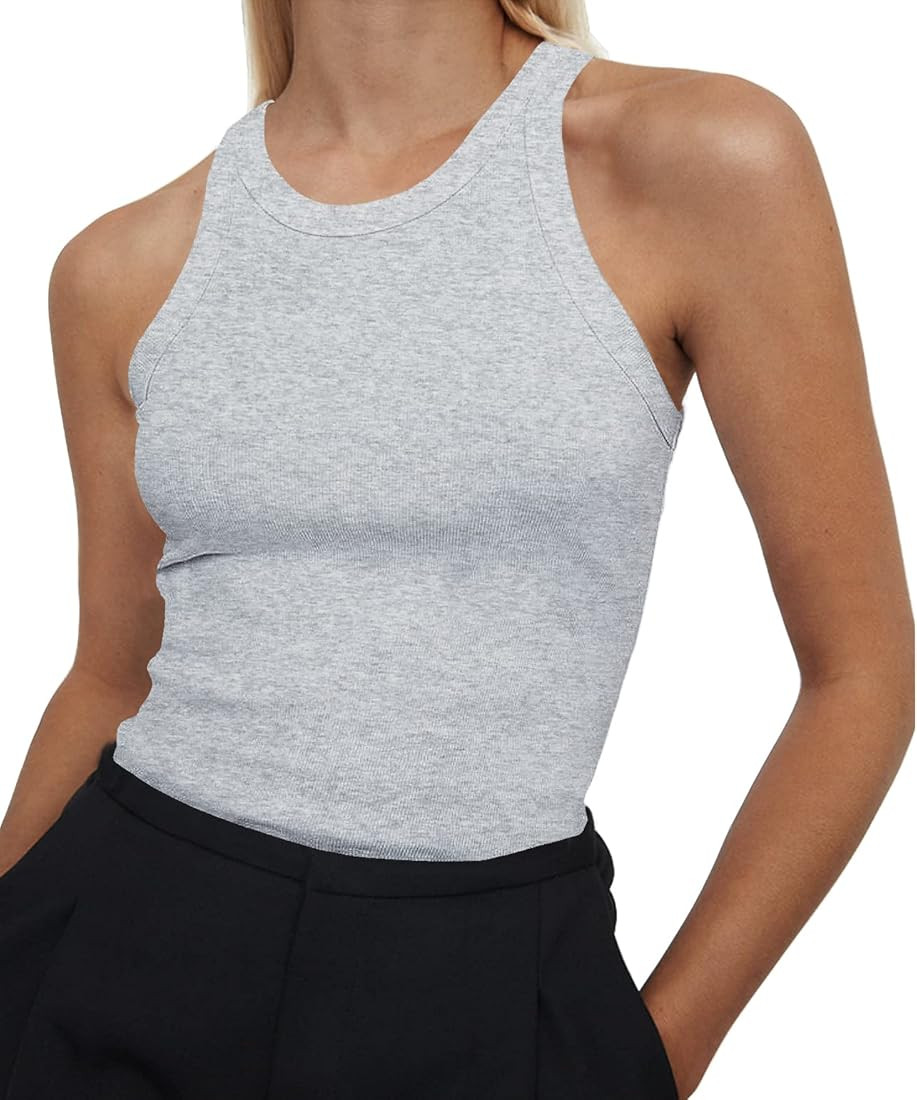 Women's Sleeveless Full Length Cotton Ribbed Fitted Racerback Crew High Neck Basic Tank Top | Amazon (US)